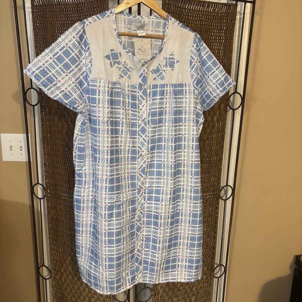 Casual Nights Sz XL House Coat Seersucker Blue Plaid Mumu Snap Grandma Cottage